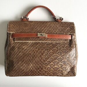 Furla vintage Brown Faux Croc Satchel with Tan Accents Kelly style